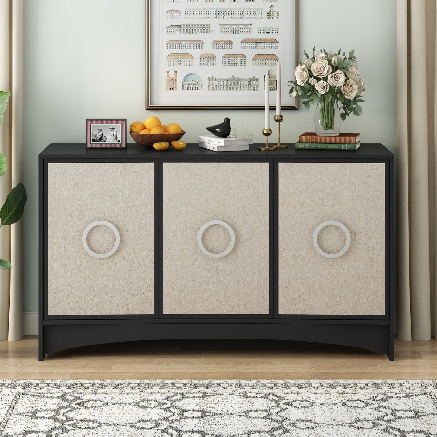 Curved Design Storage Cabinet with Three Doors and Adjustable shelves,