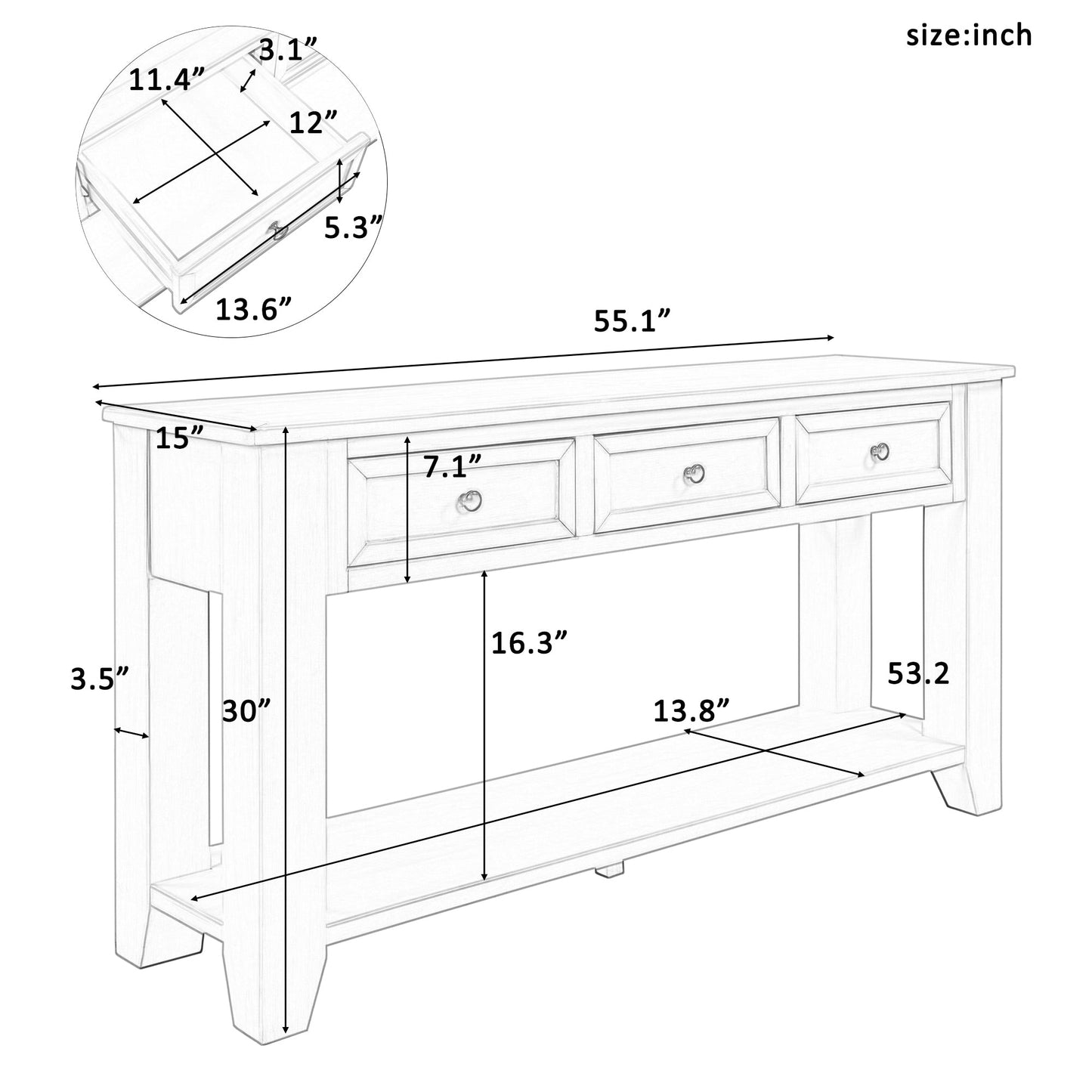 55'' Modern Console Table Sofa Table for Living Room with 3 Drawers