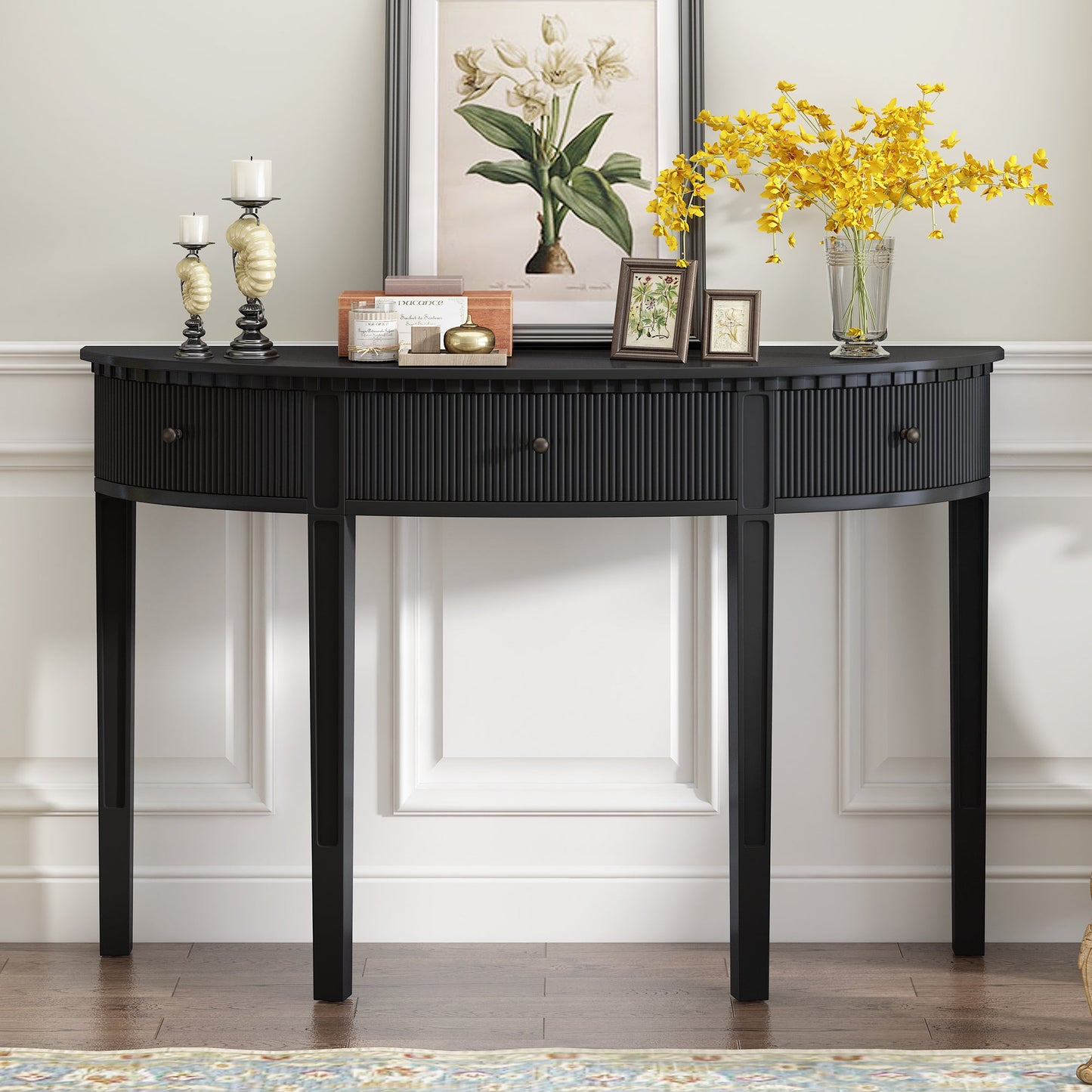 Distinctive Features of Pine Veneer Console Table with Vertical Stripe